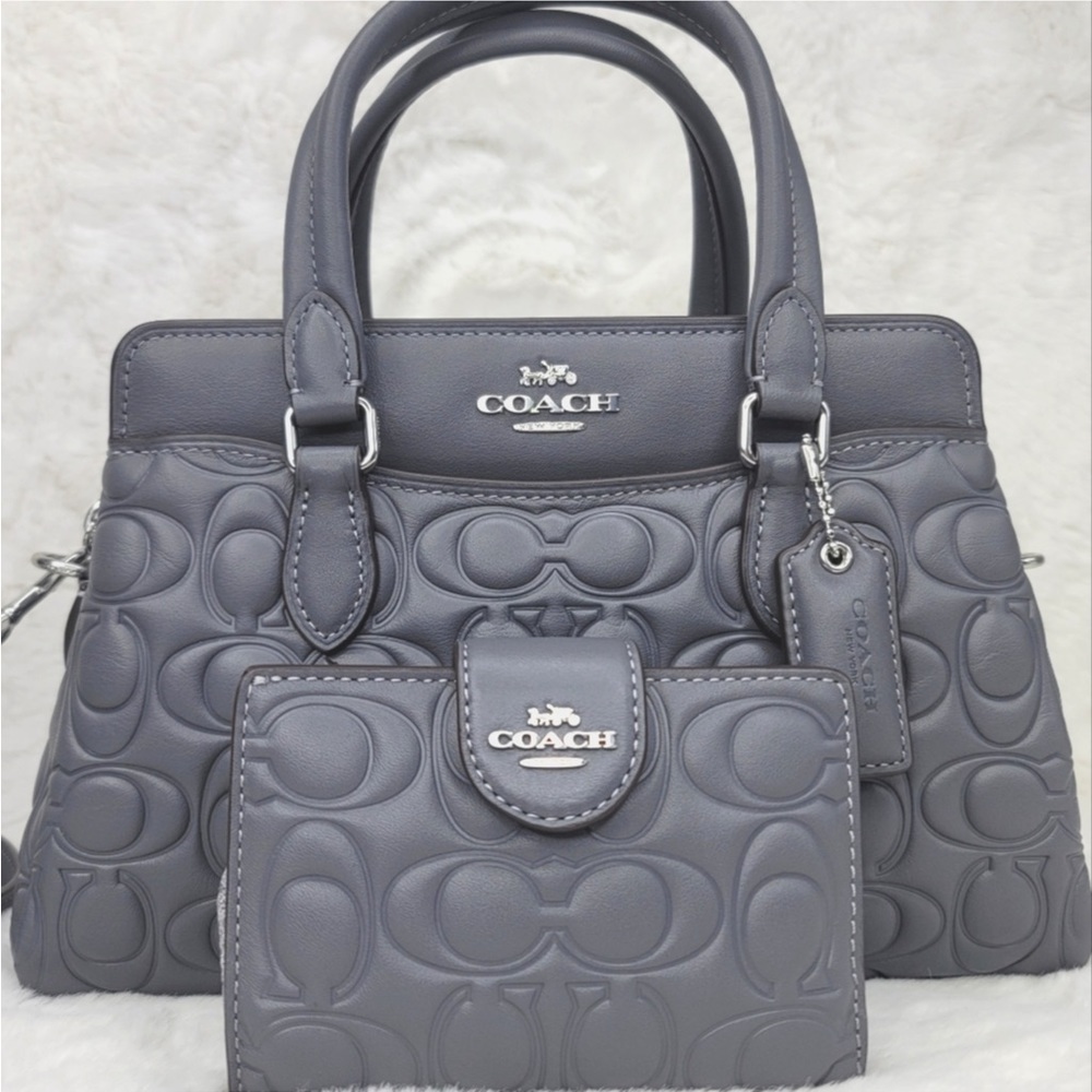 2 SET Coach Signature Leather Gray Handbag Satchel Purse Wallet NWT Dustbag